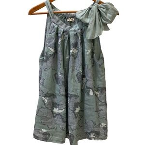 Bellambra Italian linen sleeveless blouse. Pussycat bow. Teal/white/gray. Size L